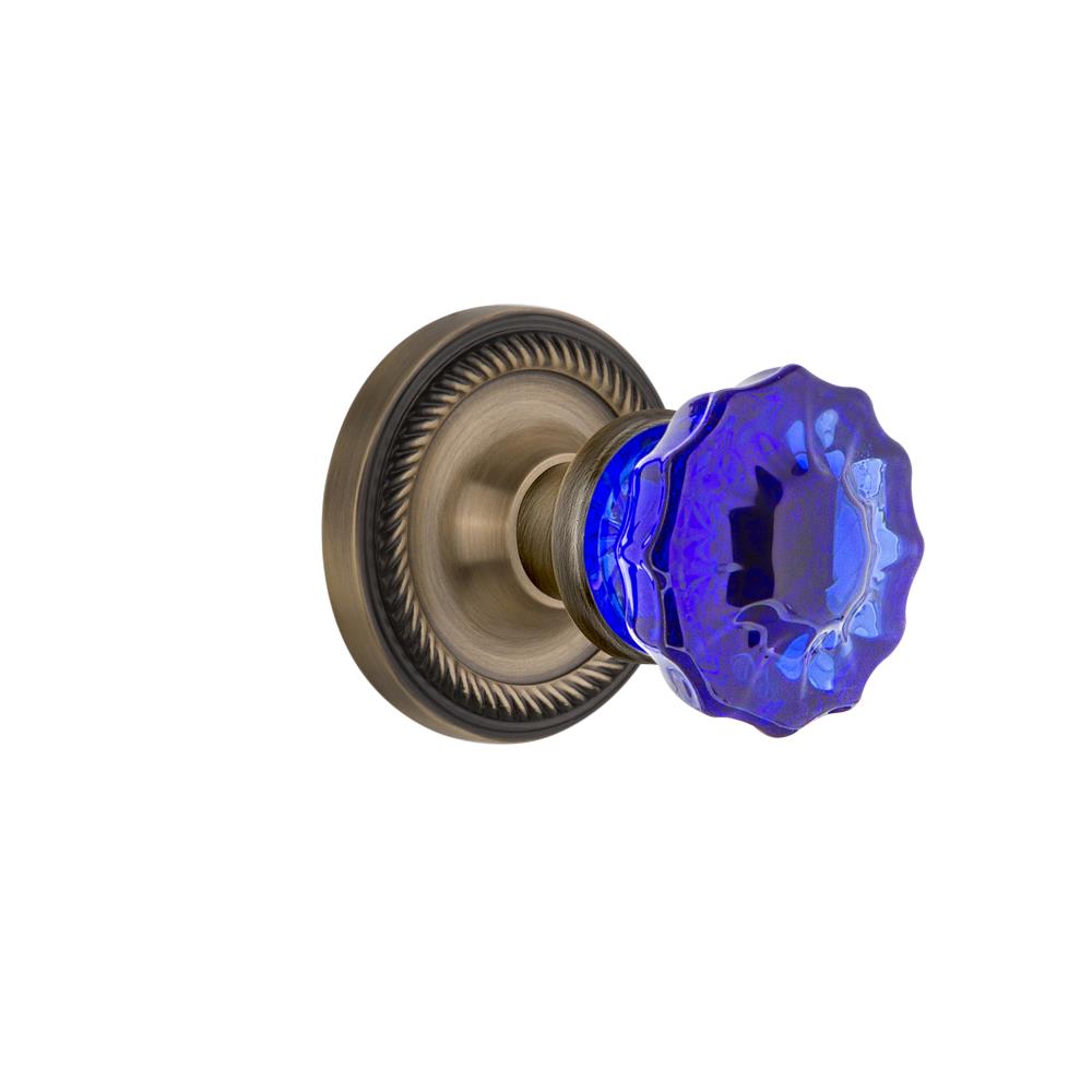 Nostalgic Warehouse ROPCRC Colored Crystal Rope Rosette Double Dummy Crystal Cobalt Glass Door Knob in Antique Brass